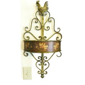 Vintage Country Farmhouse Rooster Rustic Painted Metal Shabby Large Wall Shelf